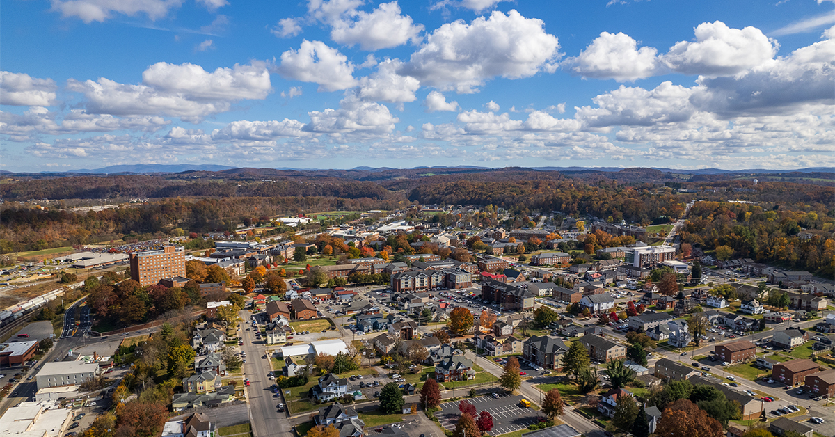 Aerial shot of a town in Virginia's New River Valley