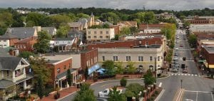 Aerial of Downtown Blacksburg, Virgnia