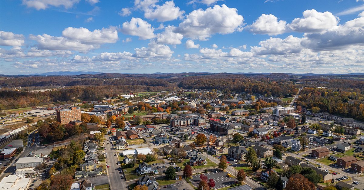 Aerial shot of a town in Virginia's New River Valley