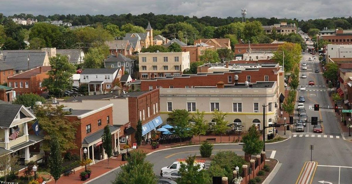 Aerial of Downtown Blacksburg, Virgnia